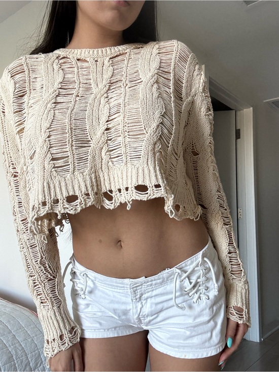 Zara Tops - Zara Cable Knit Distressed Openwork Crop Sweater - Cream / Size S